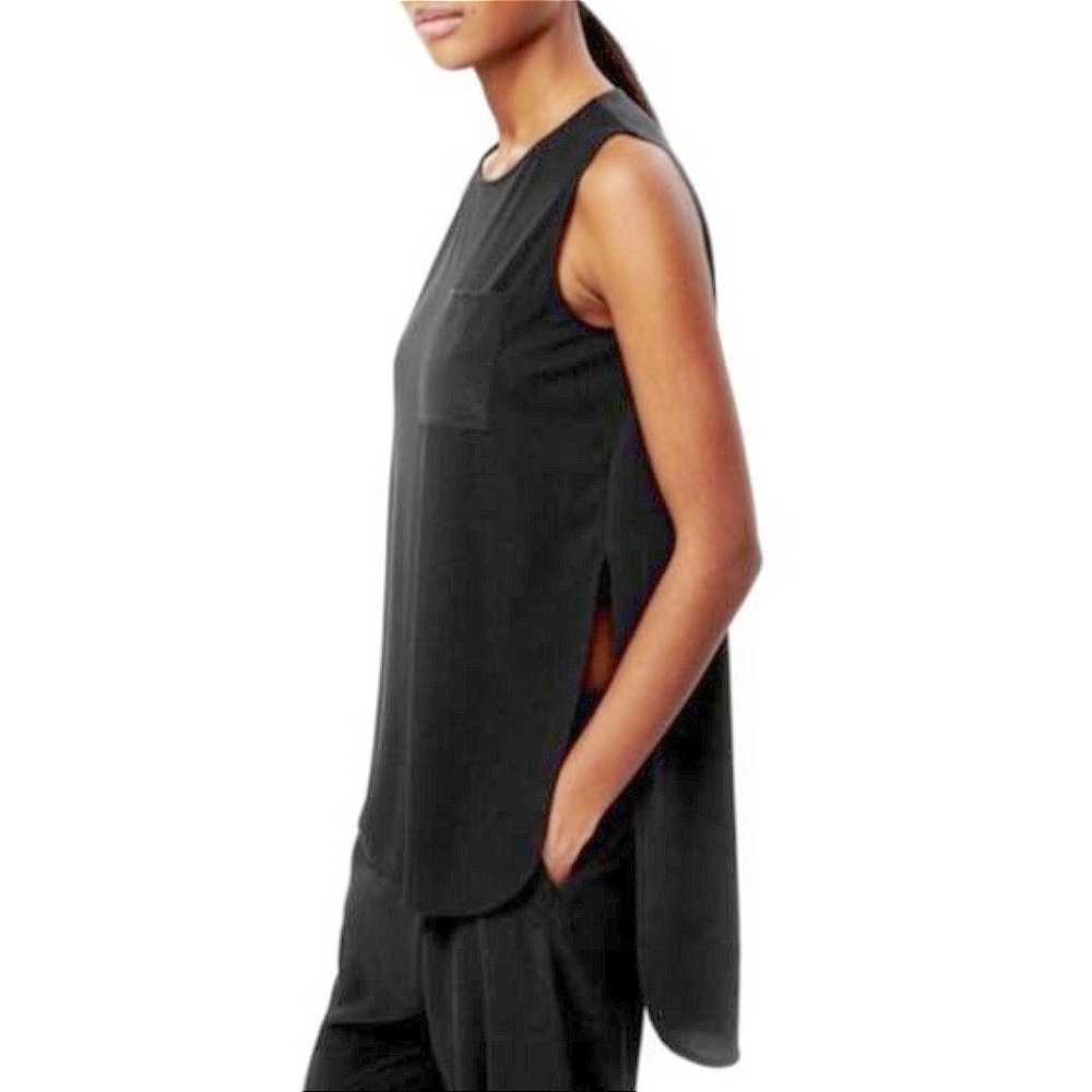 COS Black Silk Panel Sleeveless Longline Tunic Top Side Slit High Low Shirt Sz M